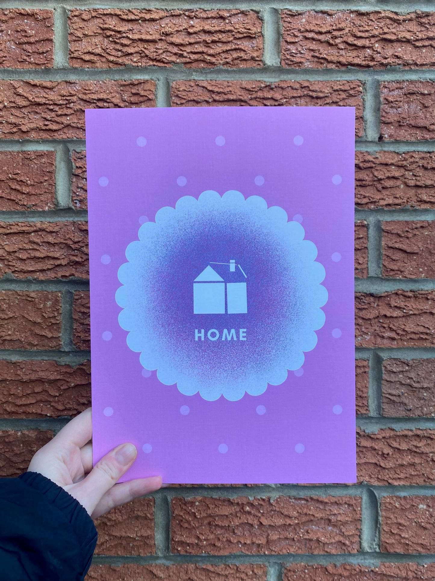 Home polka dot art print showing pink cabin illustration