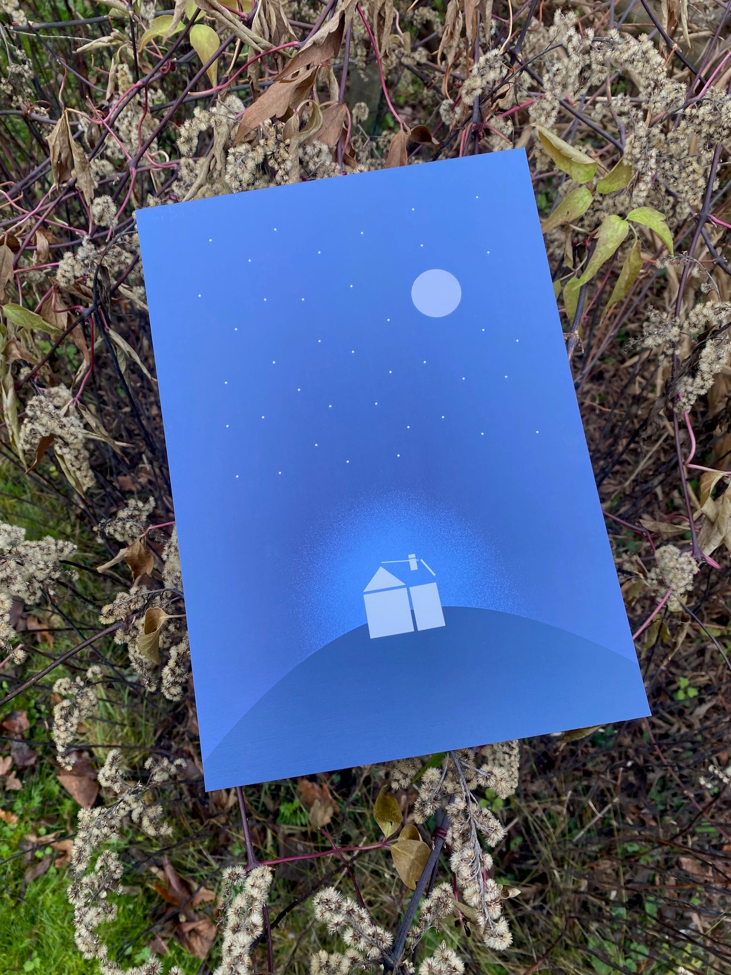 Moonlit night cabin art print on paper