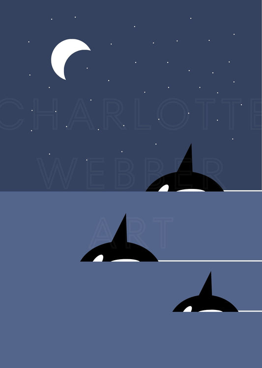 Family Orca art print showing a pod of orcas swimming under moonlight