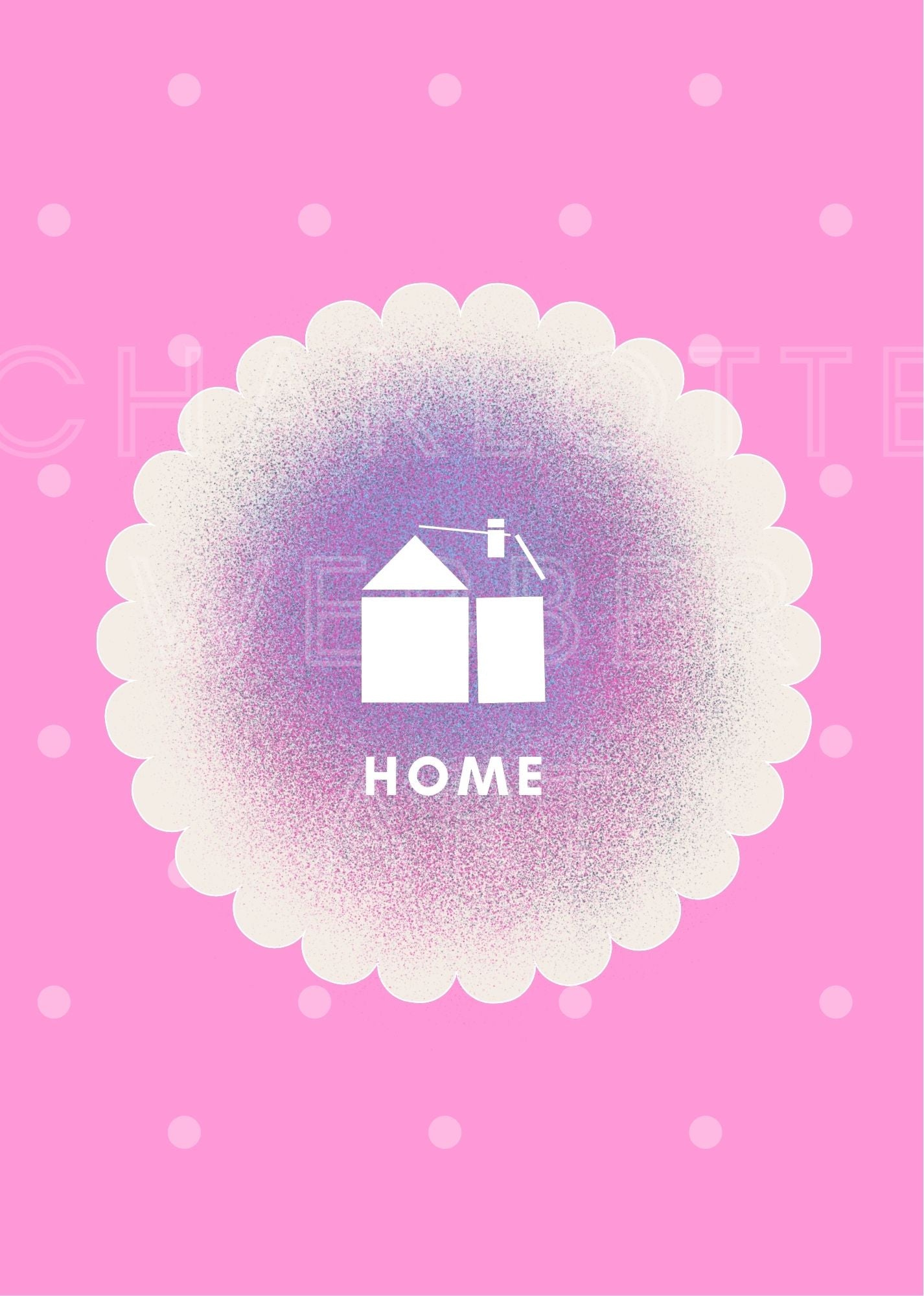 Home art print showing pink home-themed illustration