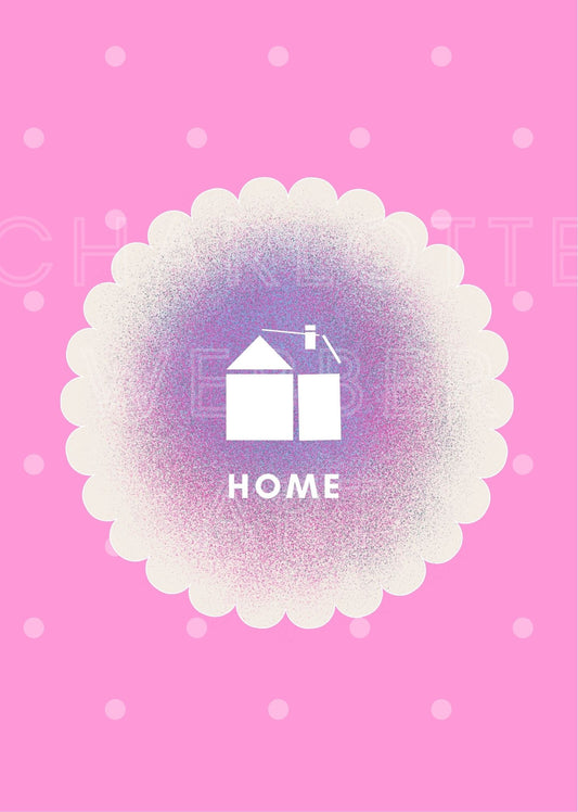 Home art print showing pink home-themed illustration