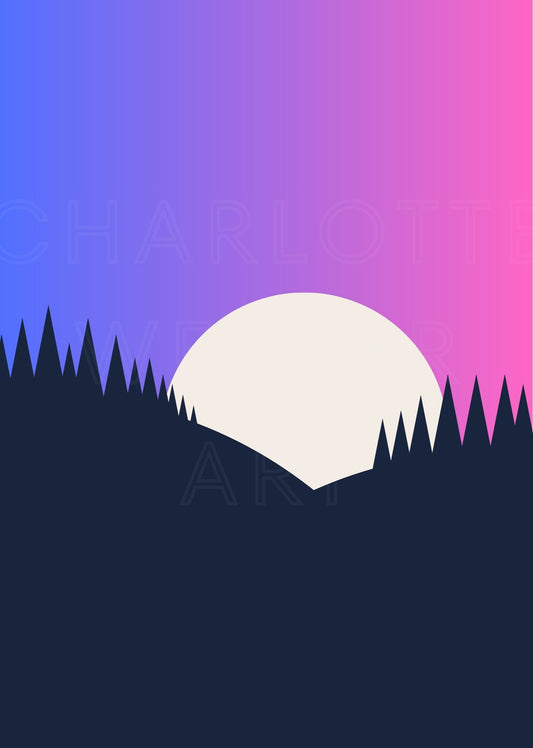 Moon Rising art print with supermoon over silhouetted landscape