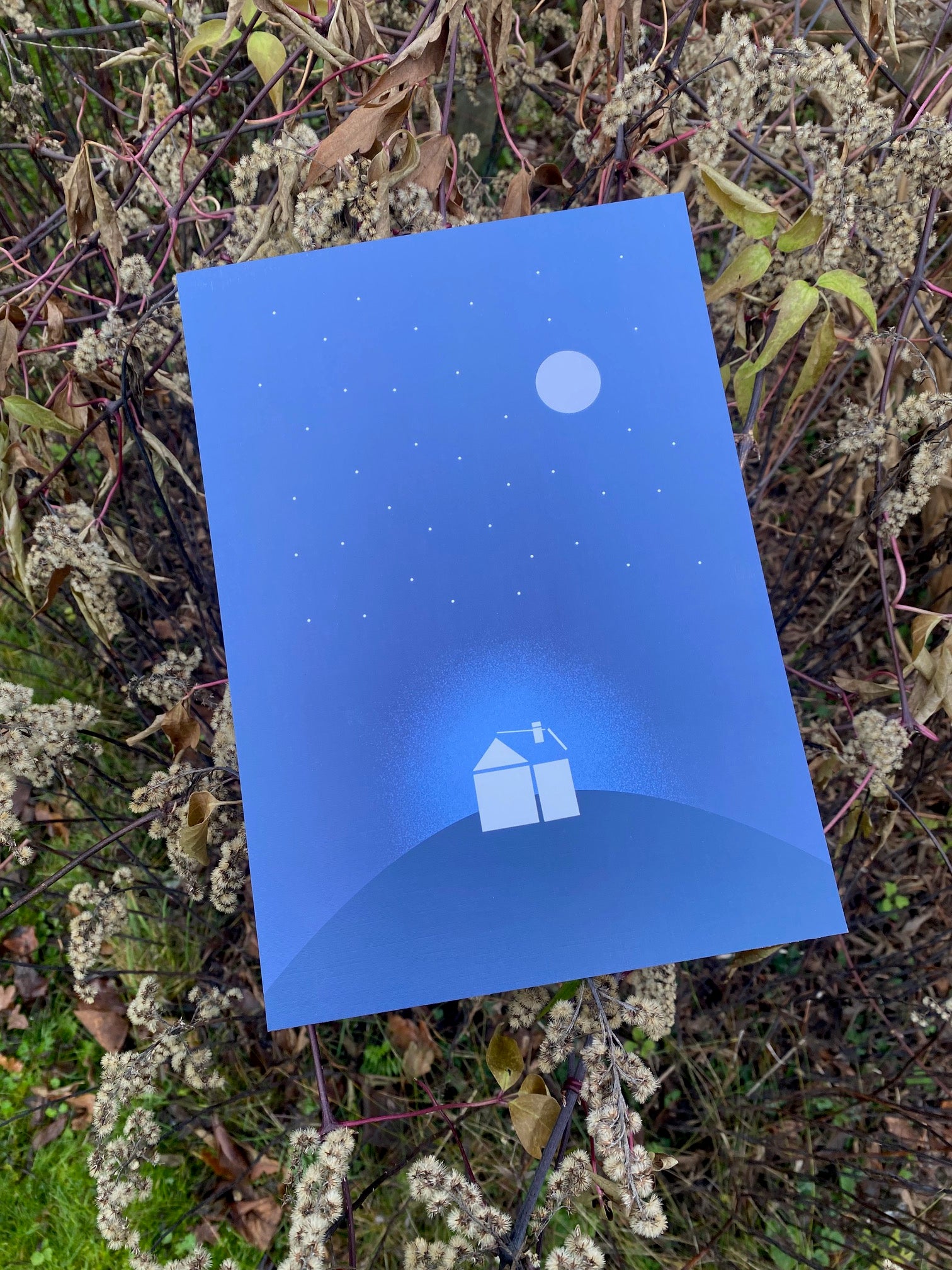 Moonlit night cabin art print on paper