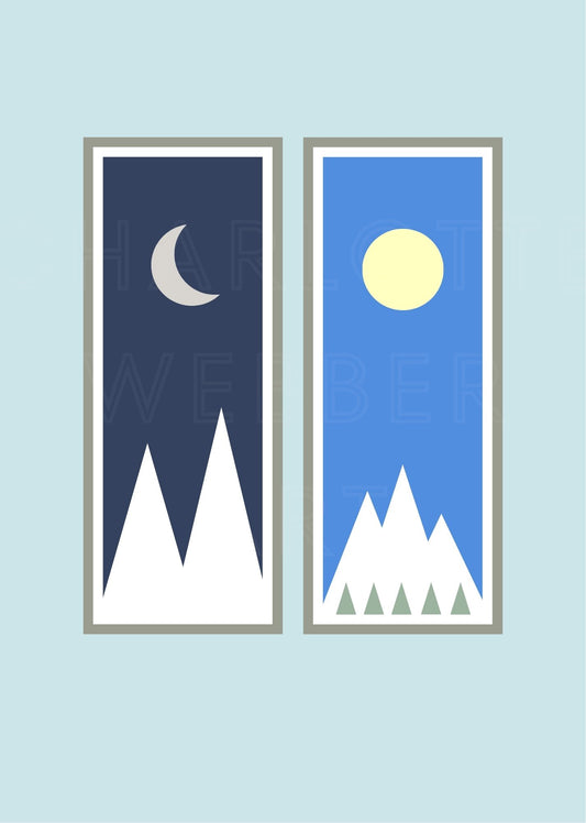 Night & Day art print showing day and night mountain scenes