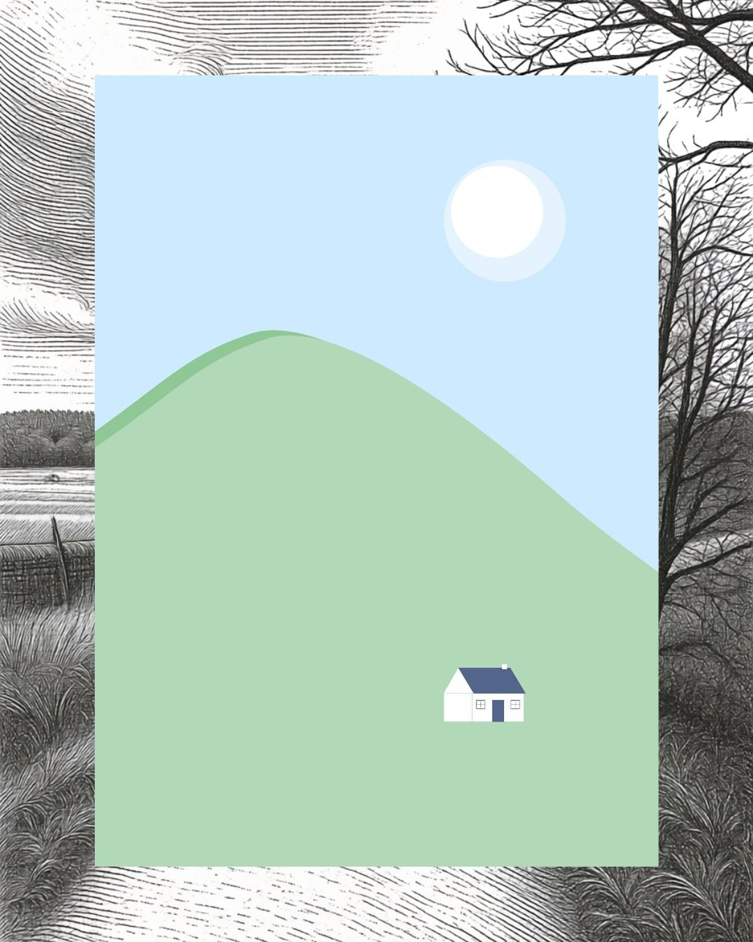 Digital Print of Cottage on Hillside A4 Art Print 'House on the Hill'